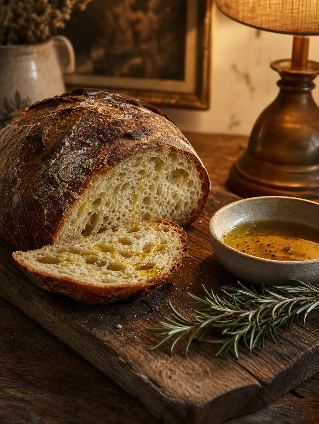 Crusty artisan bread loaf next to small ceramic bowl of golden olive oil