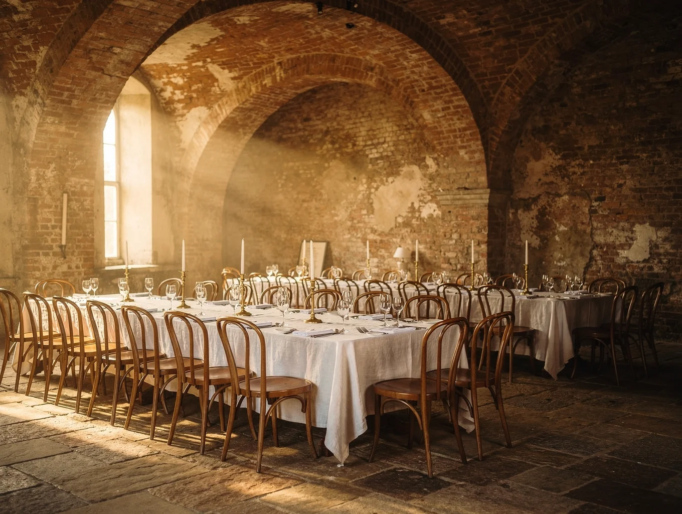 Warm candlelit dining room with exposed brick and rustic tables