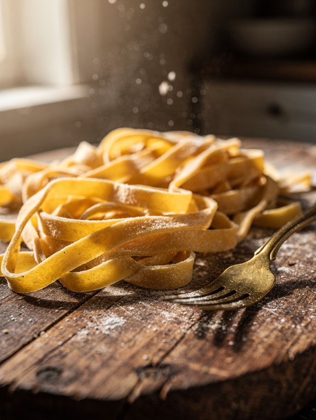 Close-up of fresh handmade tagliatelle pasta on floured wooden board