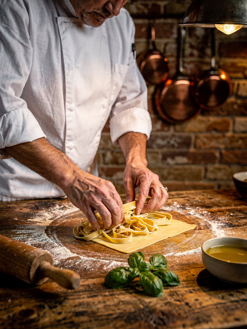 Chef hand-crafting fresh regional pasta on marble surface