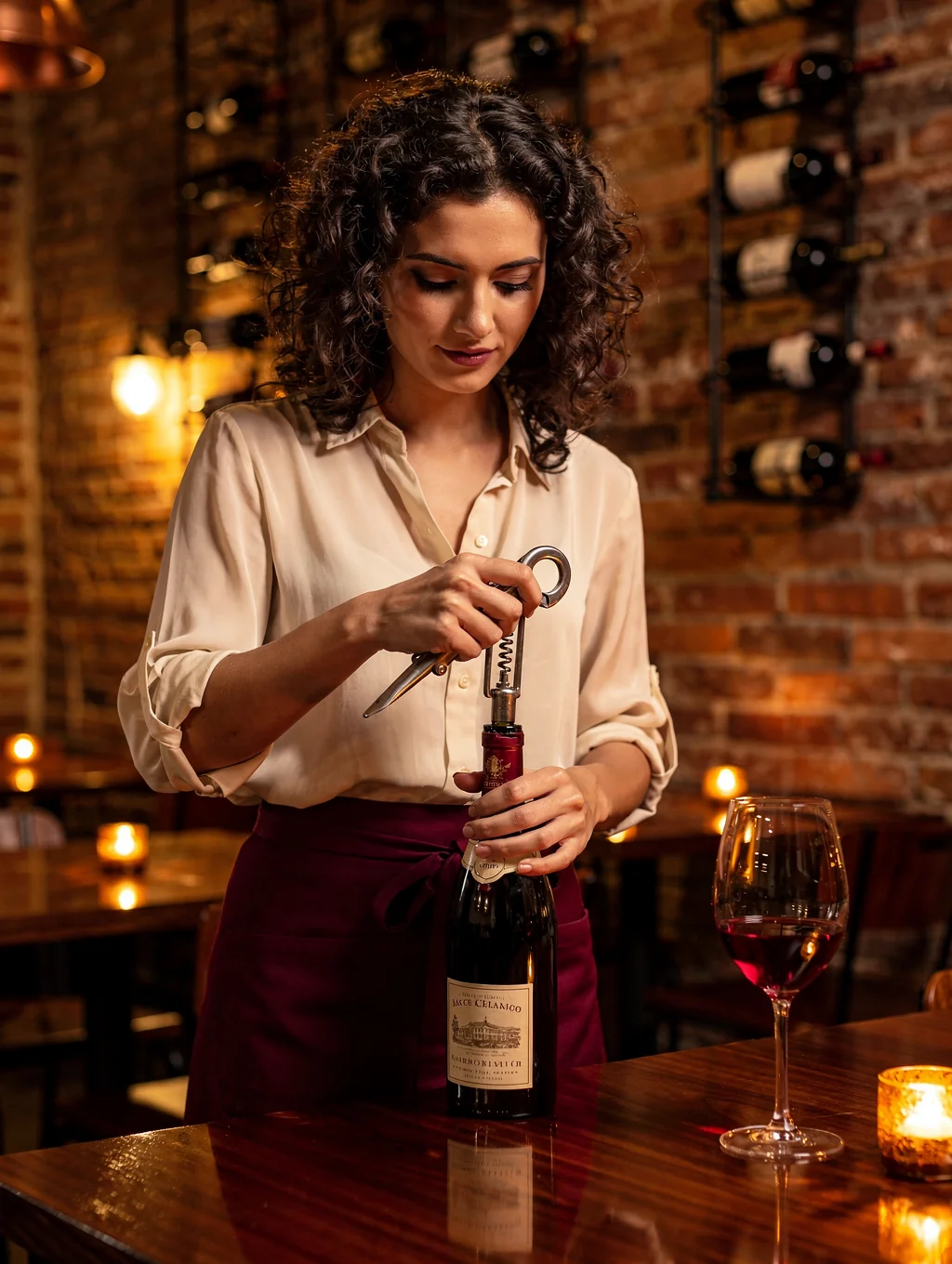 Head Sommelier Elena Moretti selecting vintage wine in our cellar
