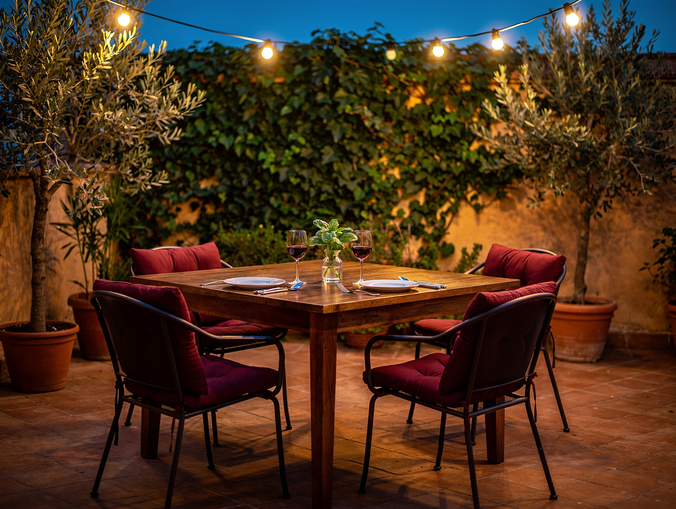 Romantic outdoor dining table with wine glasses and flickering candle