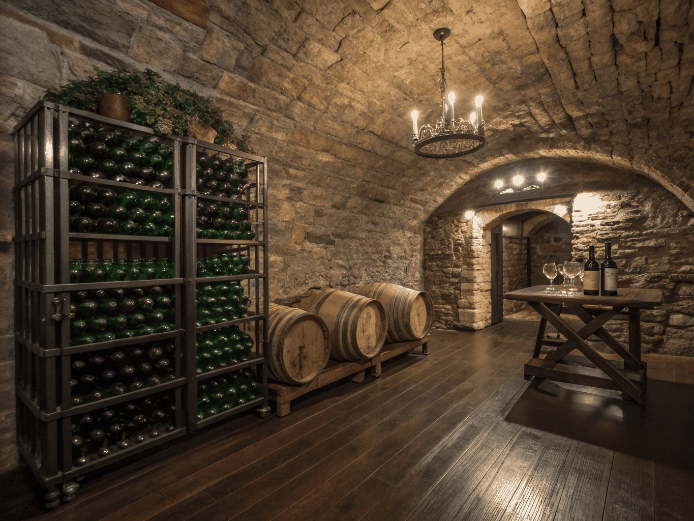 Bottles of vintage Italian red wine resting in cellar racks